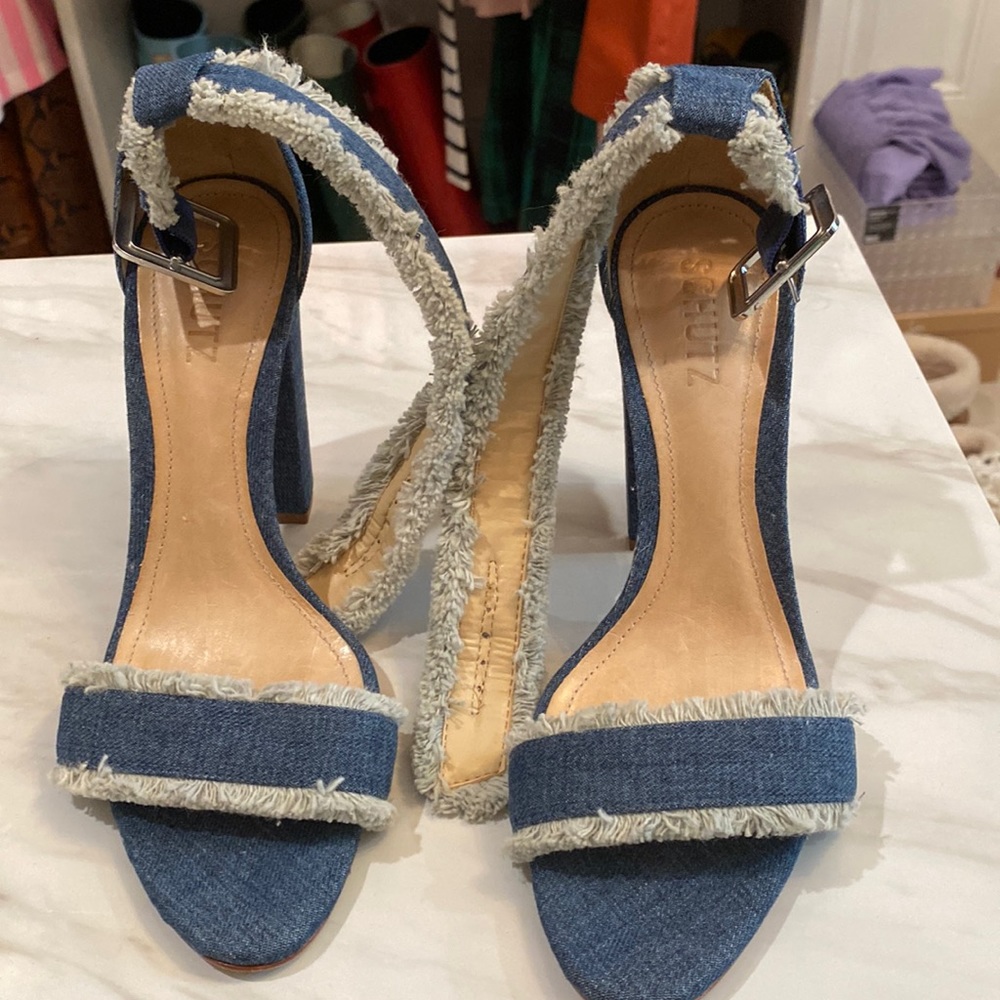 SCHUTZ Denim Blue Frayed High Heel Sandals